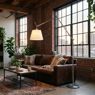 Gru Adjustable Arm Floor Lamp Vidirlighting Modern Cantilever Crane Floor Light with Fabric Drum Shade Arching over Armchair in Cozy Fireplace Reading Nook