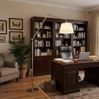 Gru Adjustable Arm Floor Lamp Vidirlighting Professional Crane Arm Task Floor Lamp beside Executive Mahogany Desk in Traditional Study Library