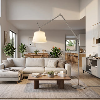 Gru Adjustable Arm Floor Lamp Vidirlighting Large Reach Articulated Task Floor Light Providing Overhead Ambient Glow over Sectional Sofa in Open Concept Living Room