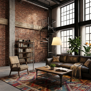 Gru Adjustable Arm Floor Lamp Vidirlighting Architectural Steel Arm Floor Light Arching in Industrial Brick Loft Living Room with Factory Windows