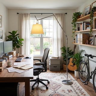 Gru Adjustable Arm Floor Lamp Vidirlighting Functional Articulated Crane Floor Lamp Illuminating Wood Home Office Workstation and Ergonomic Task Chair