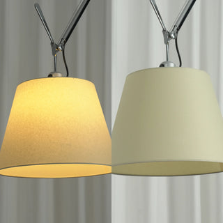 Gru Adjustable Arm Floor Lamp Vidirlighting Side-by-Side Comparison of Fabric Cone Shade Showing Warm Illuminated Glow versus Unlit Natural Beige Finish