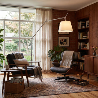 Gru Adjustable Arm Floor Lamp Vidirlighting Warm Ambient Evening Lighting with Articulated Cantilever Floor Fixture over Classic Leather Couch