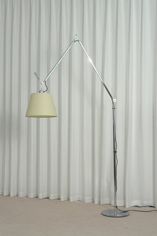 Gru Adjustable Arm Floor Lamp Vidirlighting Unlit Side Elevation Showcasing Sleek Mirror Polished Chrome Finish on Dual Articulated Tubular Arms