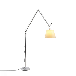 Gru Adjustable Arm Floor Lamp Vidirlighting Master Hero Cutout View Fully Lit with Warm Glowing Fabric Shade on Polished Chrome Base Isolated on White