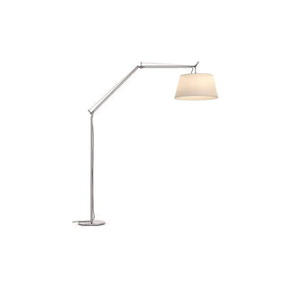 Gru Adjustable Arm Floor Lamp Vidirlighting Side Elevation against Studio Drapery Highlighting Smooth Cantilever Extension and Slender Chrome Frame