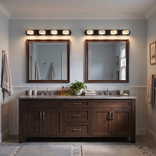 Kumo Alabaster Walnut Wood Wall Lights Over Dark Wood Double Vanity Mirror Bathroom - Vidirlighting
