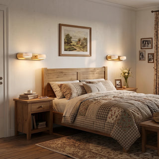 Kumo Alabaster Oak Wall Lights Symmetrical Pair Above Wooden Bedside Tables - Vidirlighting
