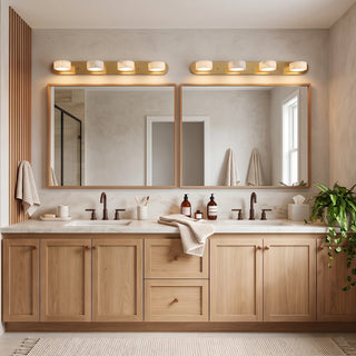 Kumo Alabaster Wood Vanity Lights Mounted Over Natural Oak Bathroom Double Mirrors - Vidirlighting