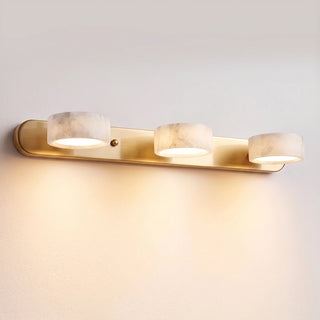 Kumo Alabaster and Oak Wood Wall Sconce 3-Light Vanity Lamp Illuminated Studio Shot - Vidirlighting