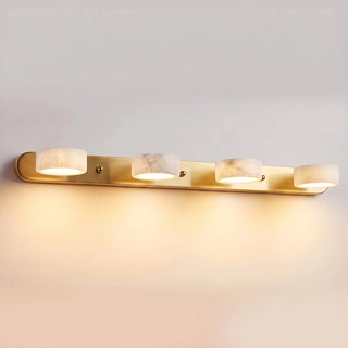 Kumo Alabaster and Oak Wood Wall Lamp 4-Light Bathroom Vanity Sconce Lit Studio Shot - Vidirlighting