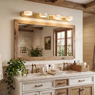 Kumo Alabaster Oak Vanity Light Sconce Over Farmhouse Bathroom Wooden Mirror - Vidirlighting