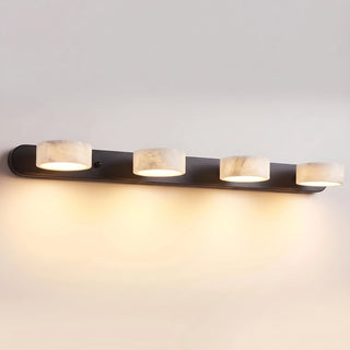 Kumo Alabaster and Walnut Wood Wall Lamp 4-Light Bathroom Vanity Sconce Lit Studio Shot - Vidirlighting