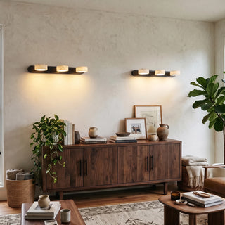 Kumo Alabaster Walnut Wall Lights Pair Over Mid-Century Sideboard Living Room Scene - Vidirlighting