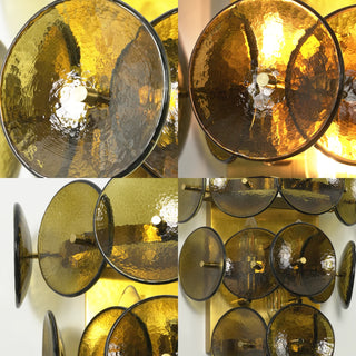 Lente Hammered Glass Disc Wall Sconce Vidirlighting 4-in-1 Craftsmanship Collage Showing Dimpled Glass Detail Glowing Filament Brass Pegs and Frame