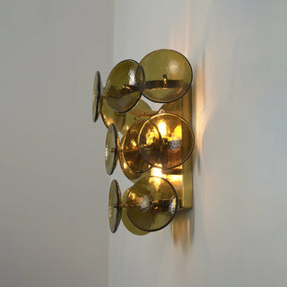 Lente Hammered Glass Disc Wall Sconce Vidirlighting 90-Degree Side Profile View Demonstrating Wall Projection Depth and Curved Metal Arm Architecture