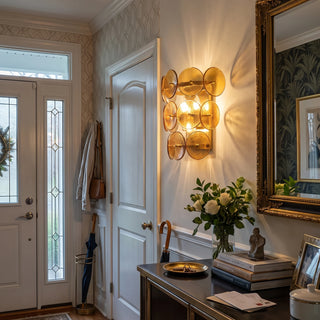 Lente Hammered Glass Disc Wall Sconce Vidirlighting Amber Textured Murano Glass Disc Wall Light Casting Warm Radiance beside Gold Framed Mirror in Entryway Foyer