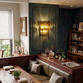 Lente Hammered Glass Disc Wall Sconce Vidirlighting Warm Amber Dimpled Glass Disc Bedside Sconce Mounted on Dark Teal Paneled Wall beside Tufted Bed