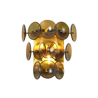 Lente Hammered Glass Disc Wall Sconce Vidirlighting eCommerce Catalog Display View of Cascading Amber Murano Glass Disc Sconce Isolated on White