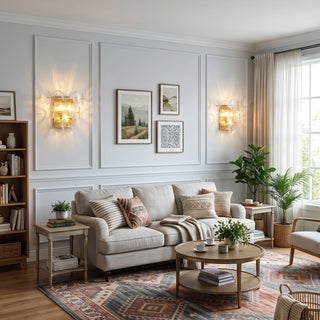 Lente Hammered Glass Disc Wall Sconce Vidirlighting Twin Amber Glass Disc Sconces Flanking Gallery Artwork above Fabric Sofa in Classic Living Room