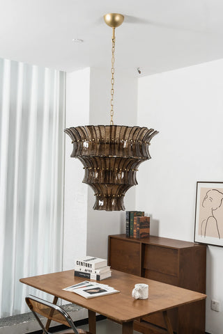 Lido amber smoke glass chandelier displayed in a home showroom setting by Vidir Lighting