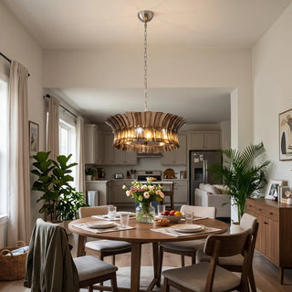 Lido amber smoke single-tier textured glass chandelier in a warm dining room by Vidir Lighting