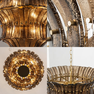 Detailed collage of Lido amber smoke glass chandelier textures and brass hardware by Vidir Lighting