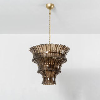 Lido amber smoke tiered textured glass chandelier unlit on white background by Vidir Lighting