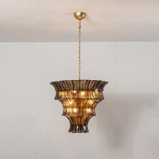 Lido amber smoke tiered textured glass chandelier unlit on white background by Vidir Lighting