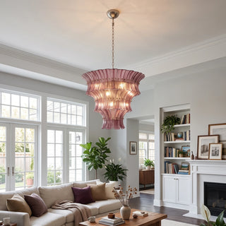 Lido rose pink tiered textured glass chandelier installed in a bright living room by Vidir Lighting