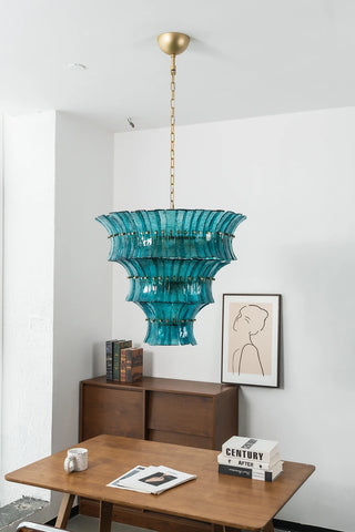 Hardware and glass details collage for Lido teal blue chandelier by Vidir Lighting