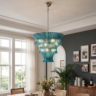 Lido teal blue tiered textured glass chandelier in a stylish interior room by Vidir Lighting