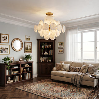 Lunaria Alabaster Disc Ceiling Light Vidirlighting Tiered Natural Stone Discs Semi-Flush Mount Illuminating Modern Airy Dining Room with Long Wood Table
