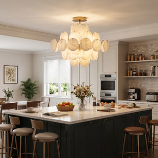 Lunaria Alabaster Disc Ceiling Light Vidirlighting Warm Glowing Stone Disc Fixture Centered over Classic Round Dining Table in Bay Window Room