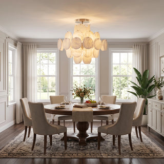 Lunaria Alabaster Disc Ceiling Light Vidirlighting Brushed Brass Base with Overlapping Stone Discs in Cozy Classic Living Room with Bookcase