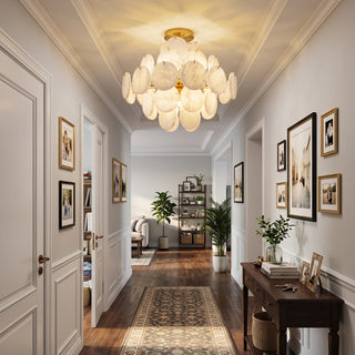 Lunaria Alabaster Disc Ceiling Light Vidirlighting Recessed into Elegant Coffered Ceiling above Formal Dining Room Table and Drapery Windows