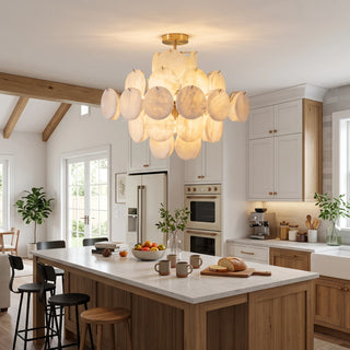 Lunaria Alabaster Disc Ceiling Light Vidirlighting Suspended under Exposed Wooden Ceiling Beams in Warm Modern Farmhouse Kitchen