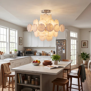 Lunaria Alabaster Disc Ceiling Light Vidirlighting Centered above Charcoal Black Kitchen Island Bar in Contemporary Open-Concept Home