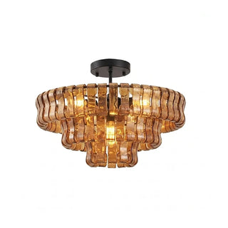 Nastro Textured Glass Ceiling Light Vidirlighting Smoky Cognac Textured Glass Light with Black Canopy Casting Warm Geometric Shadow on Ceiling