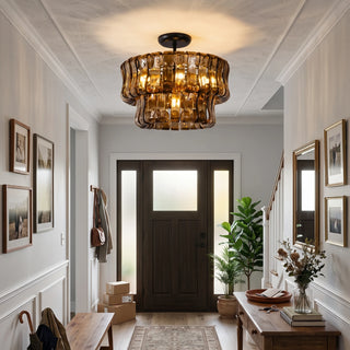 Nastro Textured Glass Ceiling Light Vidirlighting Elegant Clear Fluted Glass Tiered Semi-Flush Light with Gold Hardware in Master Bedroom Setting