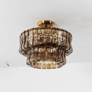 Nastro Textured Glass Ceiling Light Vidirlighting Amber Fluted Glass Drum Light with Matte Black Canopy Projecting Warm Ribbed Light Rays