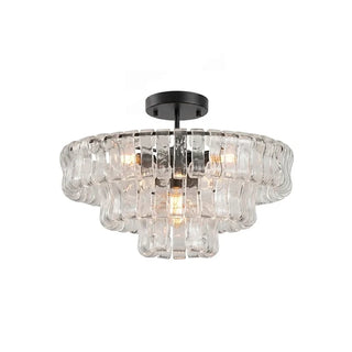 Nastro Textured Glass Ceiling Light Vidirlighting Clear Glass Ribbon Fixture with Black Canopy Casting Dramatic Light Rays on White Ceiling