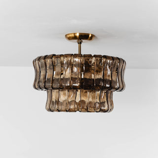 Nastro Textured Glass Ceiling Light Vidirlighting Statement 4-Tier Smoke Grey Ribbed Glass Ribbon Chandelier with Black Stem Isolated on White