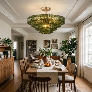 Nastro Textured Glass Ceiling Light Vidirlighting Rich Amber Cognac Tiered Glass Ribbon Ceiling Chandelier over Classic Wooden Dining Table