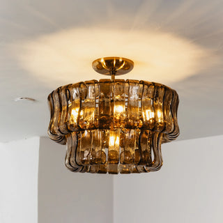 Nastro Textured Glass Ceiling Light Vidirlighting 2-Tier Clear Textured Ribbon Glass Semi-Flush Mount with Matte Black Hardware on White Background