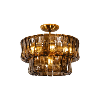 Nastro Textured Glass Ceiling Light Vidirlighting eCommerce Catalog Display View of Warm Glowing Amber Fluted Glass Ceiling Light Isolated on White Background