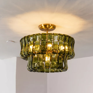 Nastro Textured Glass Ceiling Light Vidirlighting Frontal Illuminated View of Amber Fluted Glass Drum Light with Diffused Warm Bulbs