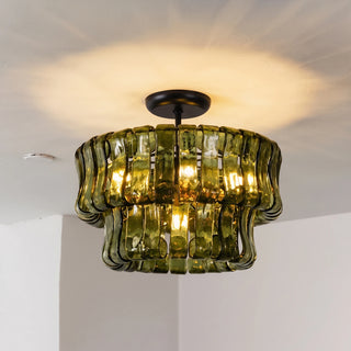 Nastro Textured Glass Ceiling Light Vidirlighting Fully Lit Amber Textured Glass Fixture Casting Dynamic Radiant Shadow Pattern on Ceiling