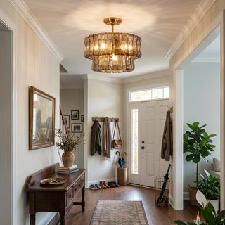 Nastro Textured Glass Ceiling Light Vidirlighting Sparkling Clear Ribbon Glass Tiered Ceiling Fixture Centered above Round Wooden Dining Table