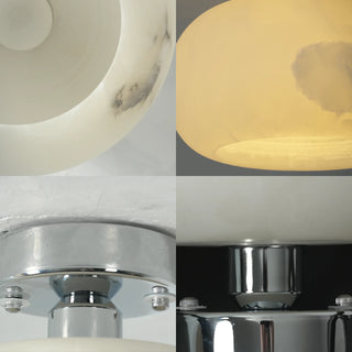 Nuvola Alabaster Semi-Flush Ceiling Light Vidirlighting 4-in-1 Macro Craftsmanship Collage Showing Polished Chrome Ceiling Canopy Hardware and Lit Stone Veining